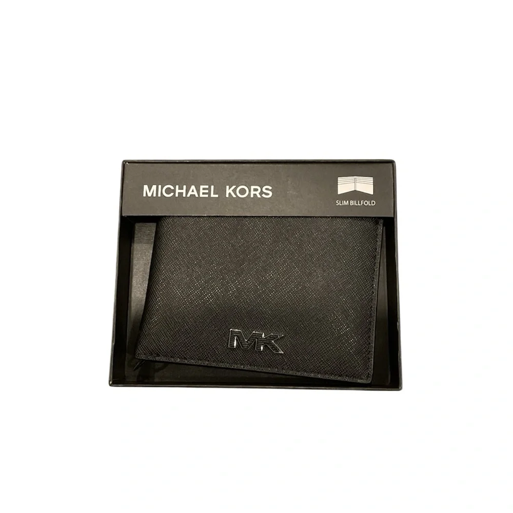Michael Kors Mens Slim Billfold Wallet Black Saffiano Leather Silver MK Logo New